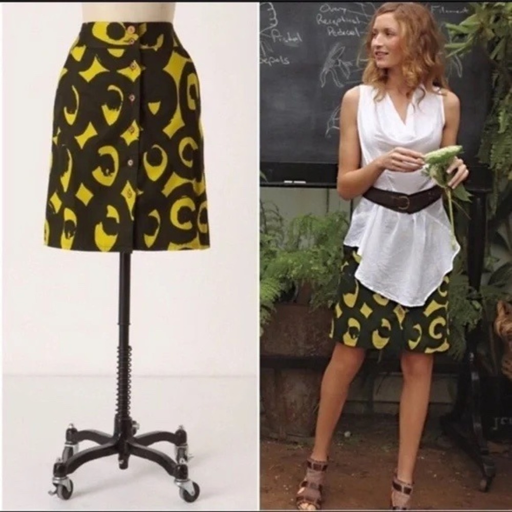 Marimekko Anthropologie Green Yellow Abstract Mini Skirt SZ 4 Buttons Retro